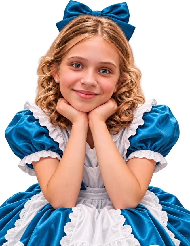 Alice in a blue dress with a white apron and striped stockings