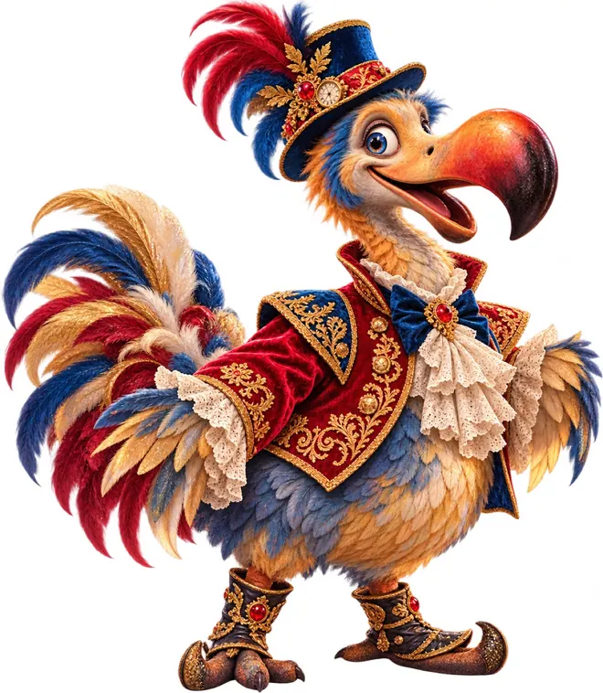 The Dodo in a red and gold velvet jacket and a tall feathered hat, with a large orange beak