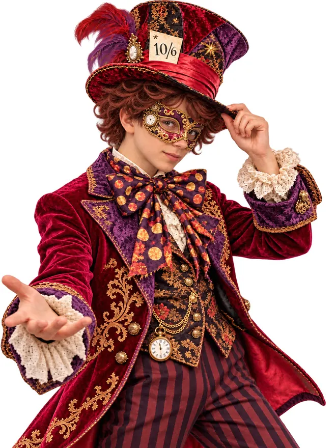 The Mad Hatter in a tall hat, raising a teacup