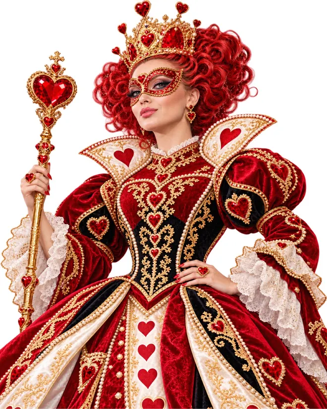 The Queen of Hearts in a red and gold gown with a crown